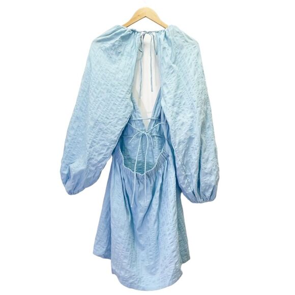 NWT Free People Endless Summer Puff Sleeve Open Back Mini Dress Blue Size Large - Picture 3 of 13